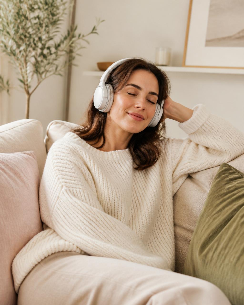 Mujer escuchando un audio guiado con auriculares