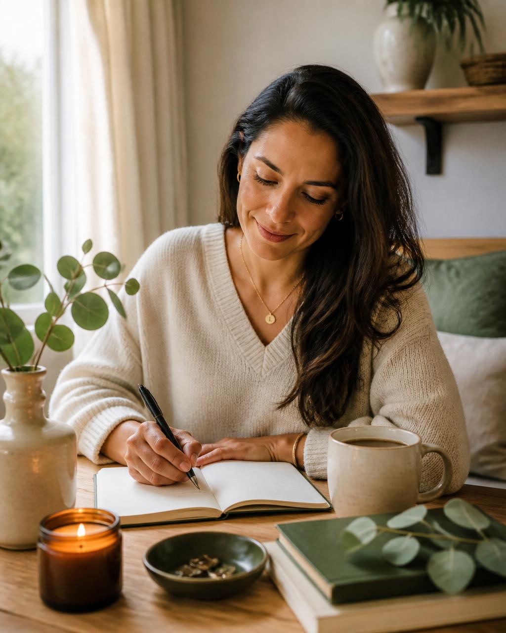 Mujer escribiendo en su journal con té y una vela encendida