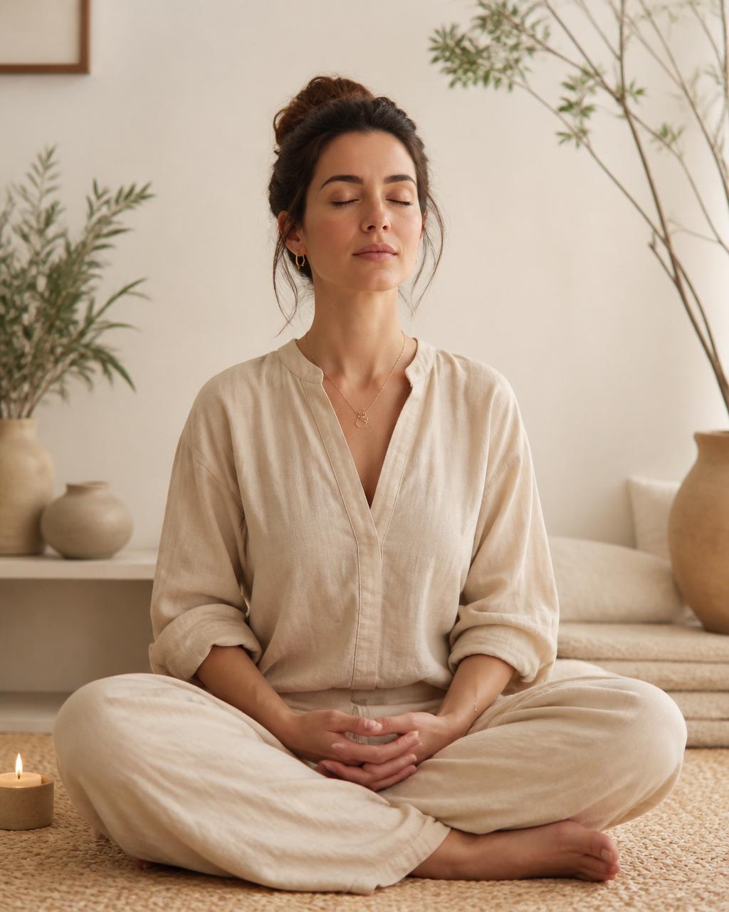 Mujer meditando en calma con los ojos cerrados
