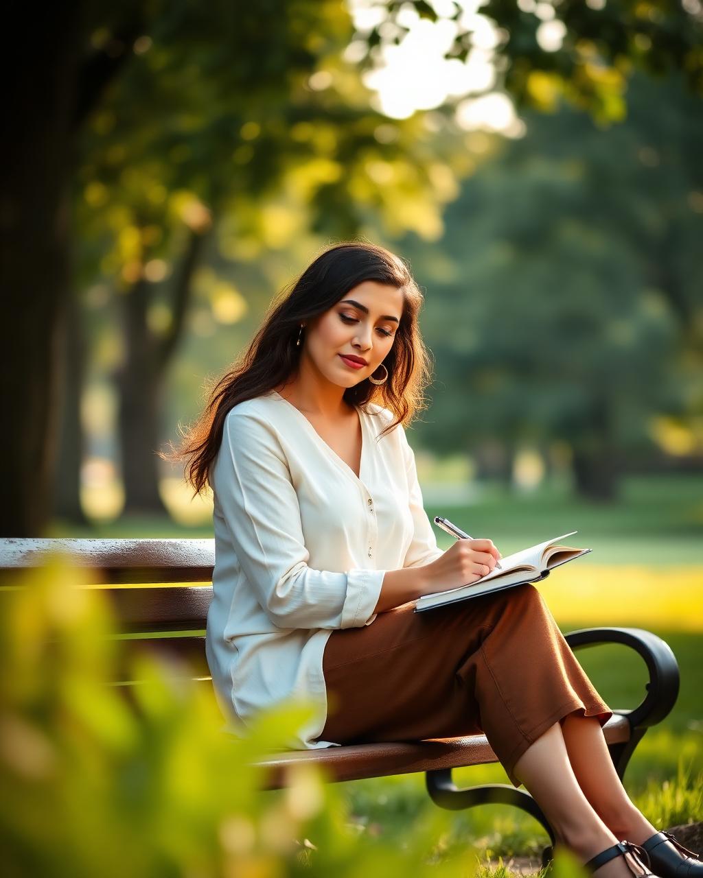 Mujer escribiendo en un journal en un parque