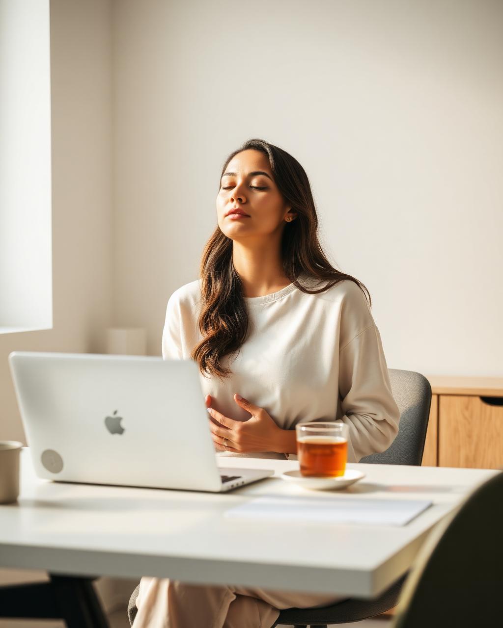 Mujer haciendo una pausa consciente en el trabajo